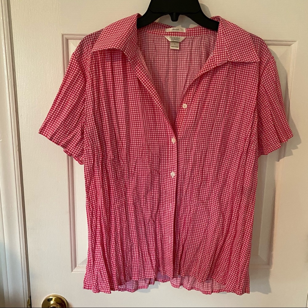 pink gingham short sleeve button down